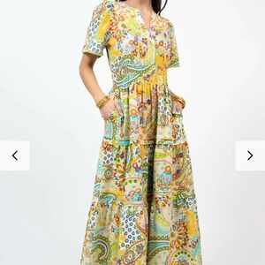 Uncle Frank Paisley Midi Dress S Hippie Boho Tiered Swing Pockets Deep V-neck